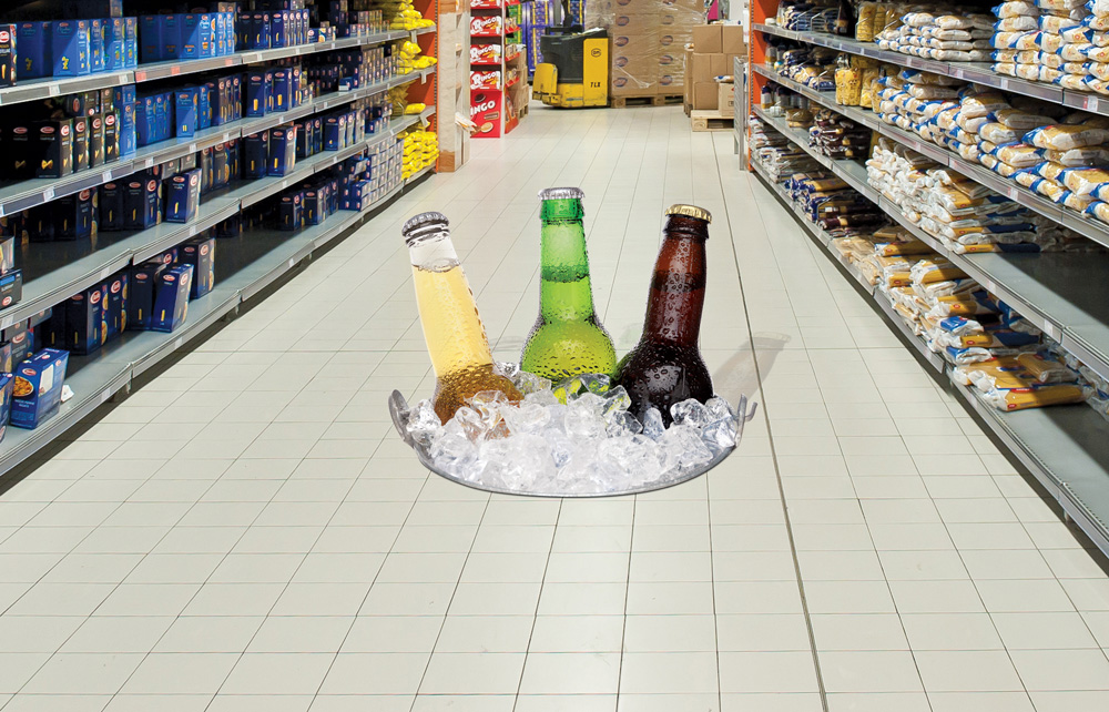 Printed graphic on the floor of a store aisle.