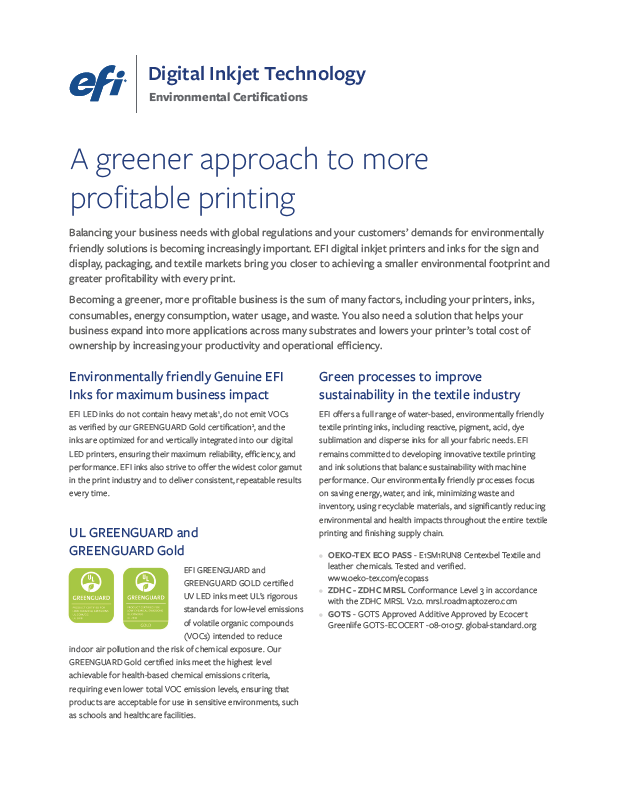 EFI Ink Environmental Certifications Datasheet
