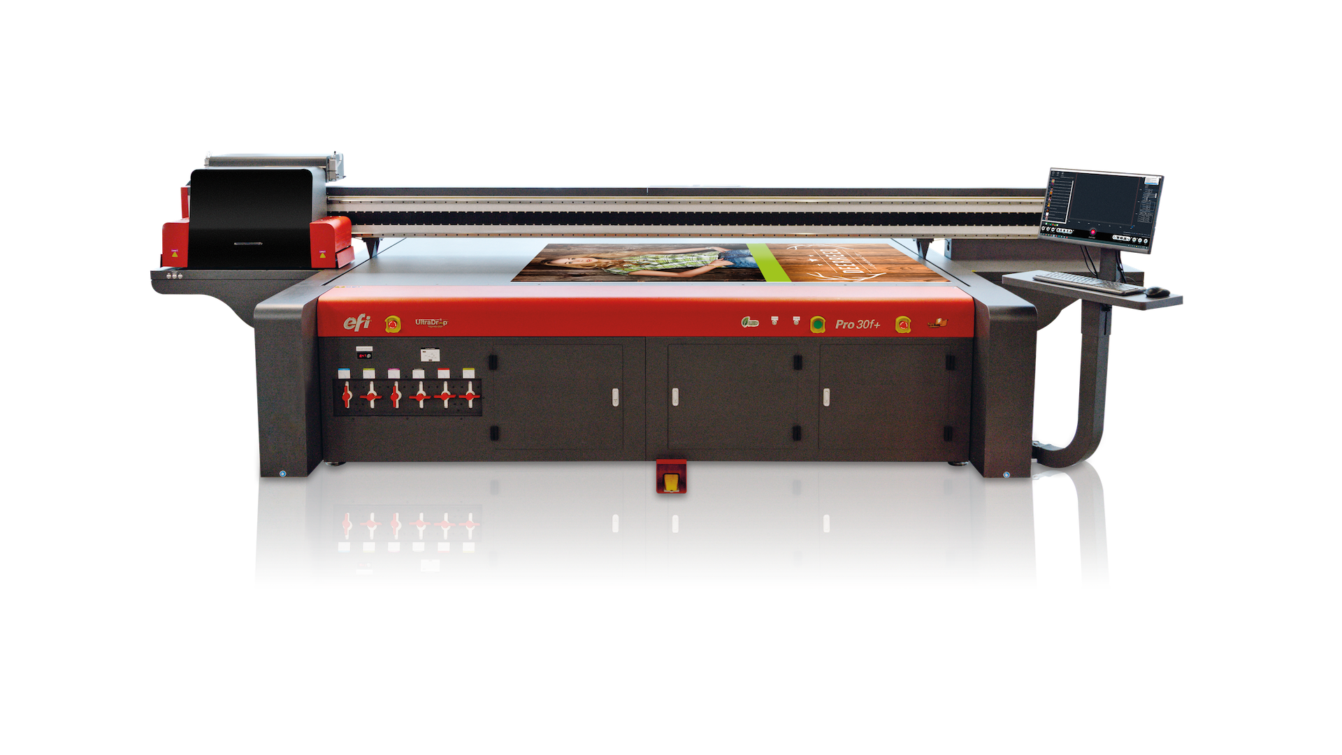 EFI Pro 30f+ flatbed LED printer.